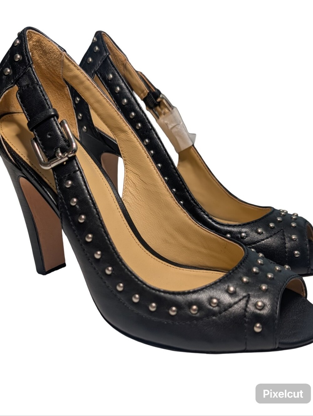 Coach Billie Black Leather Studded Peep-Toe Heels 7 - Picture 6 of 11